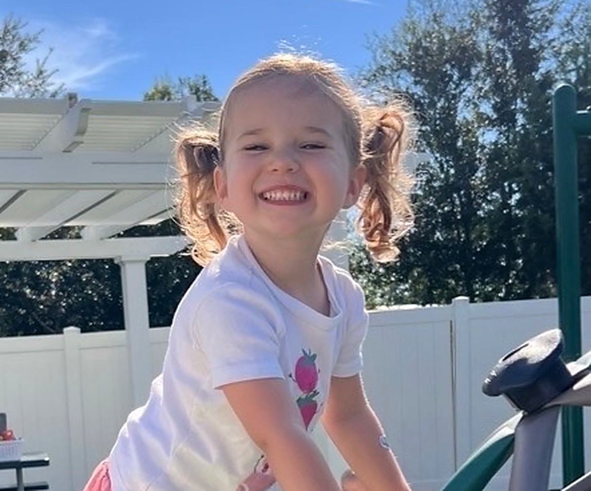 A smiling young child with pigtails standing on a green climbing dome on an outdoor playground.