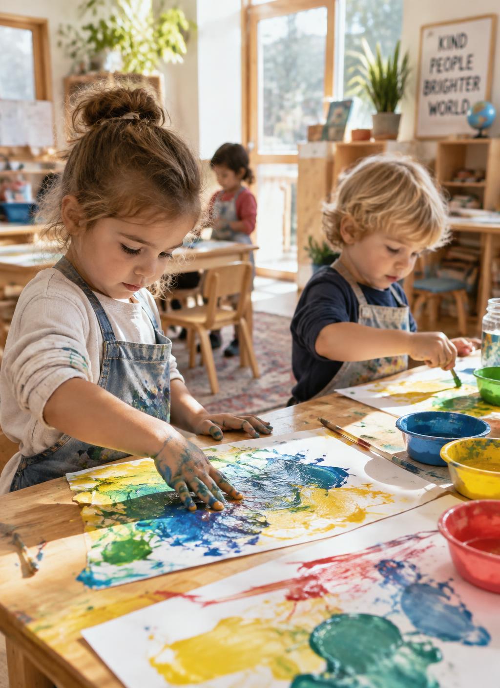 Two young children finger painting bright colors on large paper at a wooden table in a sunlit classroom.