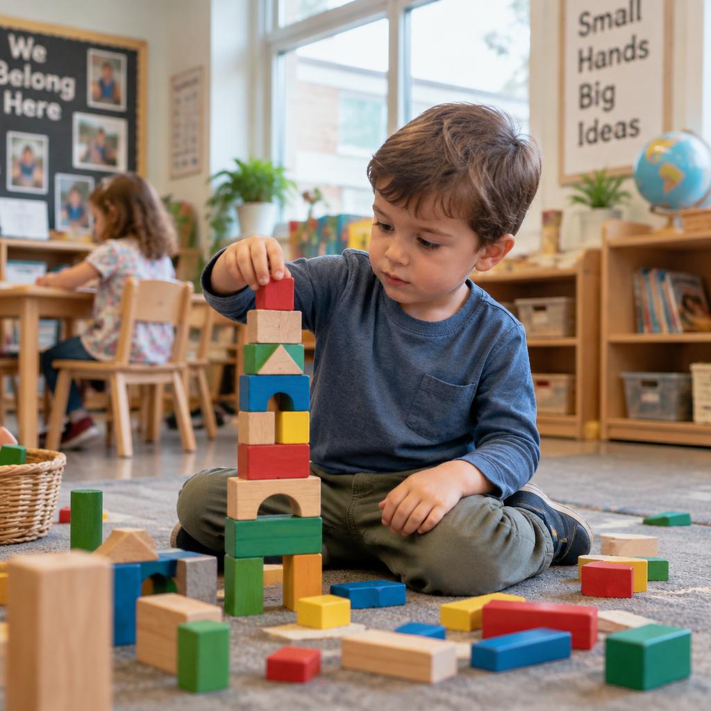 A young child stacking colorful wooden blocks into a tall tower on a classroom rug.