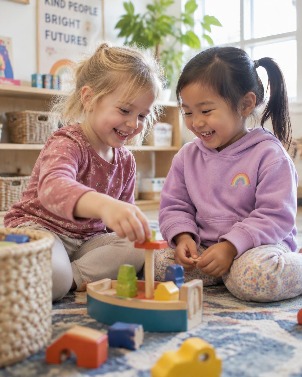Two young children laughing together while playing with wooden toys on a classroom floor.