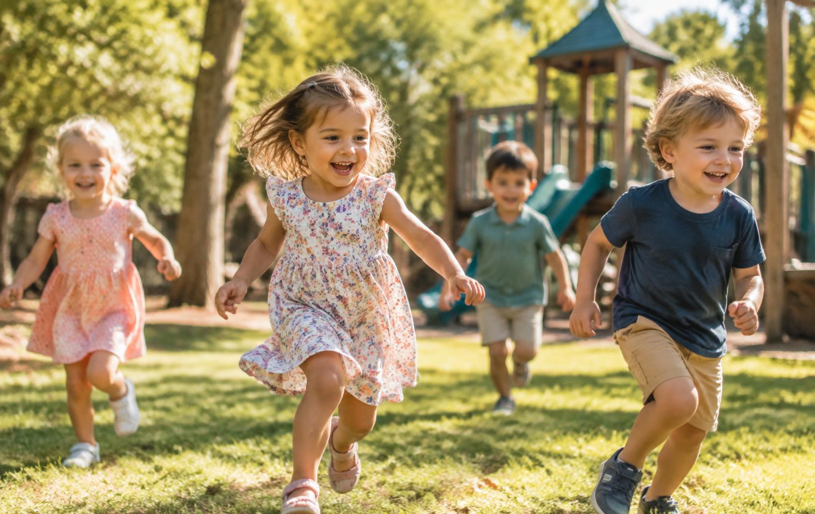 Young children running and smiling on a sunny grassy playground with a wooden play structure behind them.