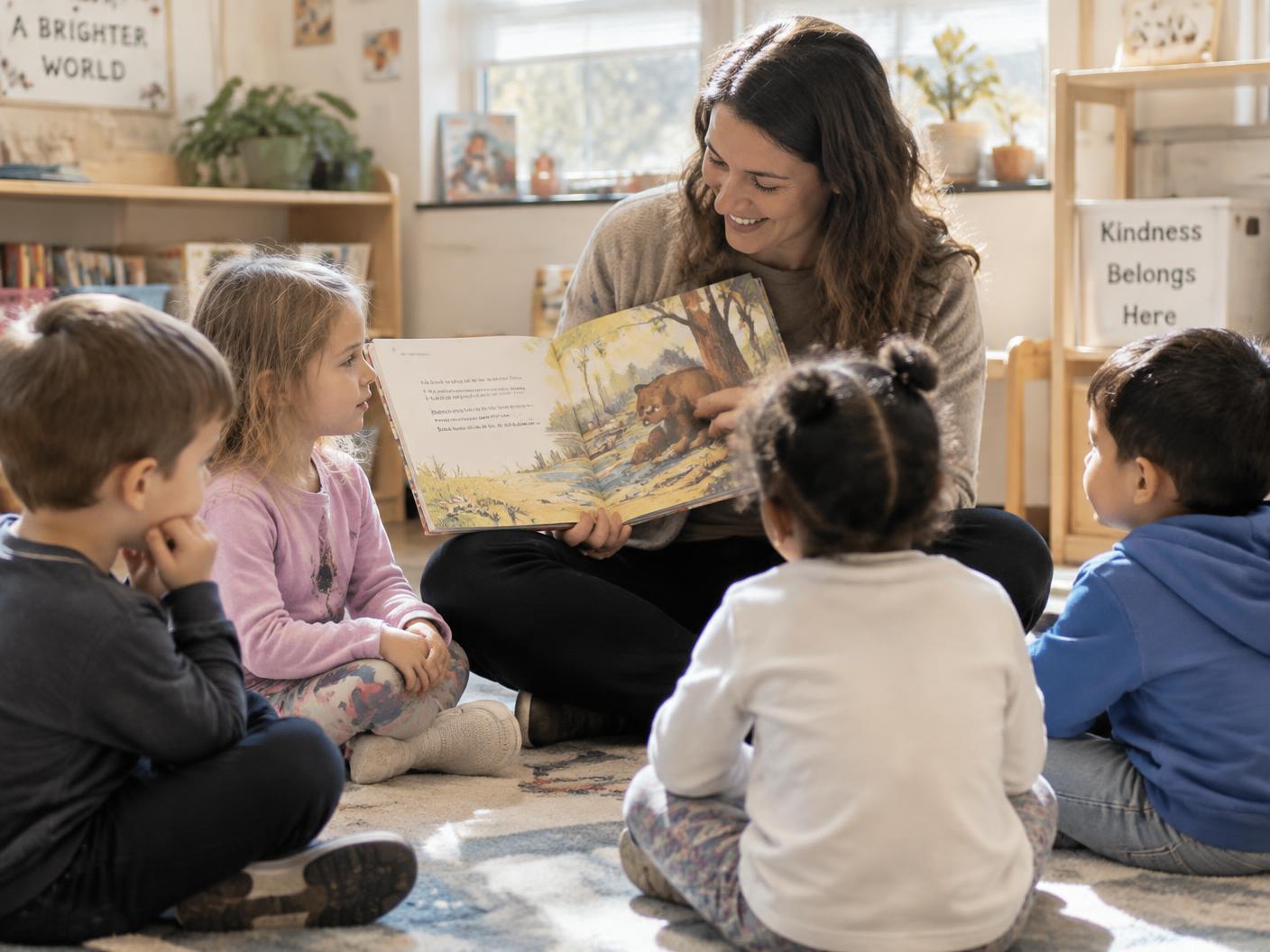A teacher reading a picture book to a small group of young children seated on a rug.