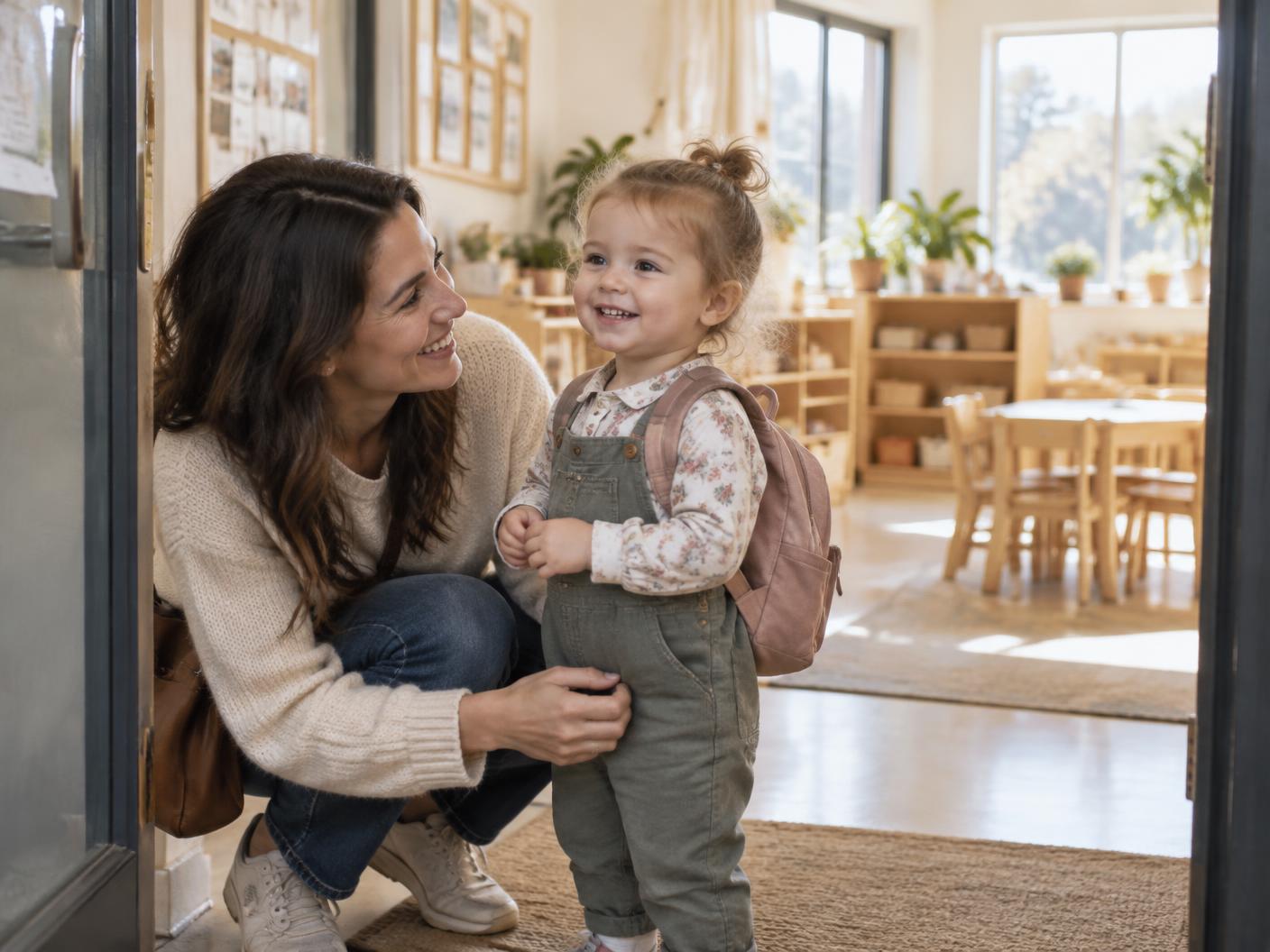 A parent crouching beside their toddler in the doorway of a bright early learning classroom, both smiling.
