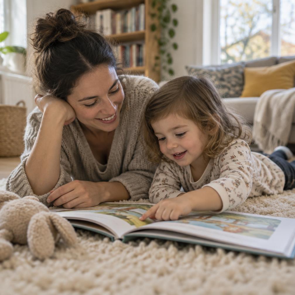 An adult and a young child lying on a soft rug at home, reading a picture book together.