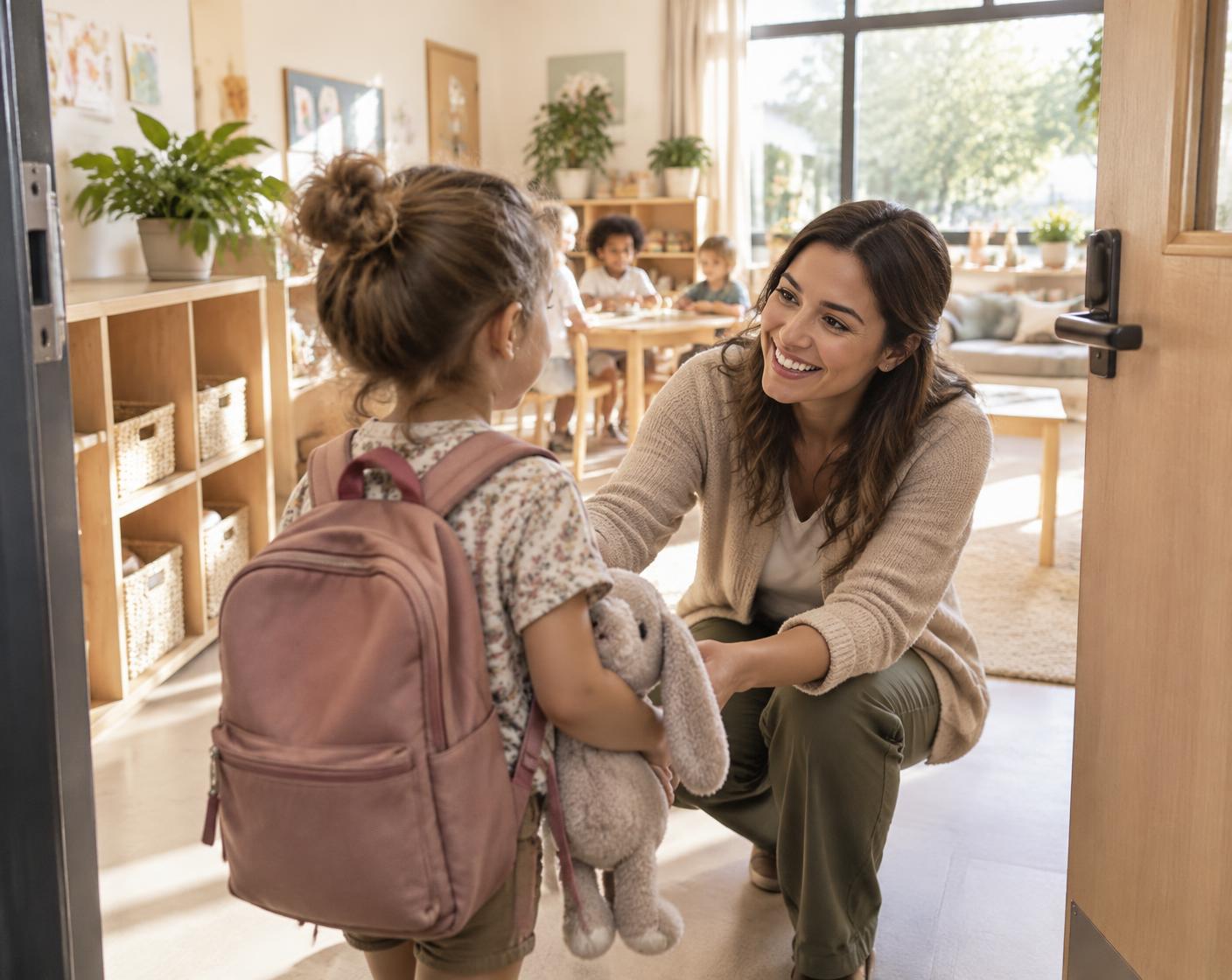 A teacher kneels to greet a young child with a backpack at the doorway of a bright, welcoming early learning classroom.